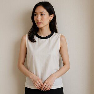 S'MaxMara White Sleeveless Top with Black Ruffle Trim XS/S Elegant Girlhoodcore